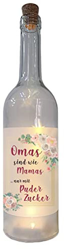 WB wohn trends LED-Flasche mit Banderole, Omas sind wie Puderzucker, 29cm Flaschen-Licht Glitzer-Flasche Leuchtflasche Lampe mit Text Spruch