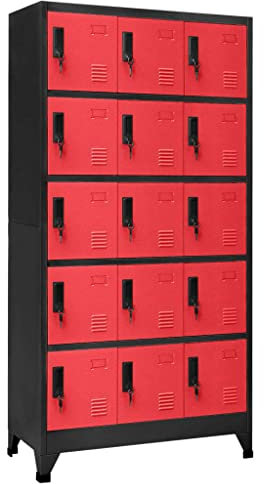 Makastle 15 Fächer Schließfachschrank Schließfach Wertfachschrank Personalschrank Wertfach Spind Metallschrank Mehrzweckschrank mit 15 verschließbare Türen, Anthrazit und Rot 90x40x180 cm Stahl
