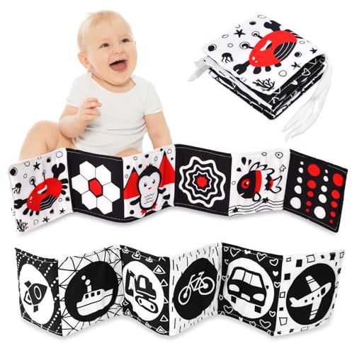 Vicloon Black & White Stoff-Buch, Bilderbuch aus Stoff, Schwarz Weiß Doppelseitig Baby Stoffbuch, Baby Spielzeug 0 6 Monate, Wahrnehmungs-Lernspielzeug, Geschenke für Babys -Alphabet &Transportstil