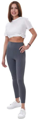 Lookus 'ZELAL' Women's Fitness Essential Slimming Tummy Control Compression High Waisted Soft & Stretchy Ribbed Leggings with Elasticated Waist (XL/Single/Anthracite)