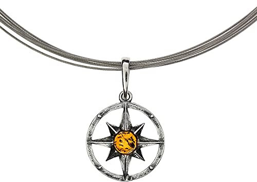 Artisana-Schmuck Ciondolo in ambra (senza catena), piccolo ciondolo a forma di rosa dei venti in ambra, incastonato in argento sterling 925/000, Ambra baltica argento sterling 925/000, Ambra
