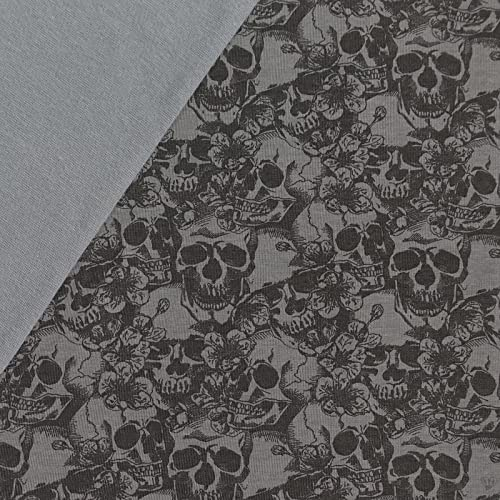 Stoffpaket 0,5 x 1,5 m Motiv-Jersey und 0,5 x 0,7 m Bündchen uni Nähpaket f. Kinderkleidung, Motiv:Skull grau | grau