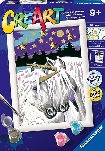 Ravensburger CreArt: Unicorns in Love — Malen mit Zahlen für Kinder ab 9 Jahren, Malset mit Brettern, Rahmen, Pinsel und Farben im Lieferumfang enthalten, 14 x 19 cm, Geschenkideen