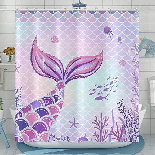 Hnmdmyi Rideau de Douche sirène 180x200, Violet Queue de sirène Poisson écaille océan thème étoile de mer Coquillage Corail 3D Fluorescent Enfants Filles imperméable Tissu Polyester Rideau de Bain