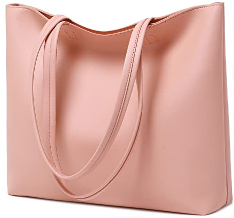 MEEGIRL Ladies Tote Bags Simple PU Leather Handbags Work School Shopping Bags for Women with Zip and Inner Pocket (Pink)