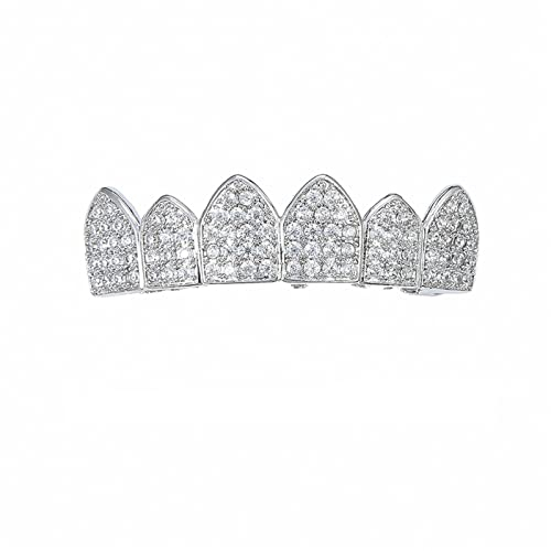 Hip Hop Zähne Grillz Iced Out Zirkon Vampir Grills Top Bottom Grill Set für Männer Frauen,Silber,Upper Teeth