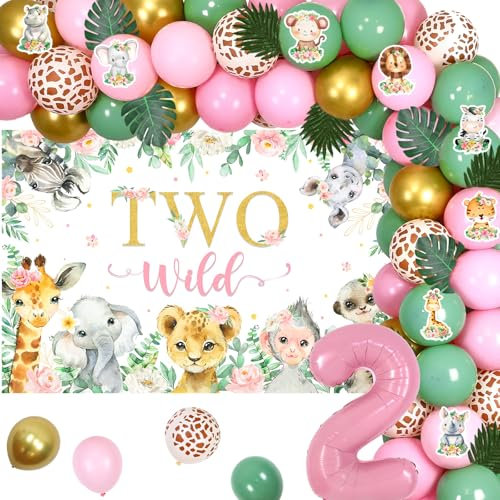 Lot de 2 décorations d'anniversaire sauvages pour fille, motif safari rose, 2 décorations de fête sauvages et arche de ballons roses vert sauge pour le thème de la jungle