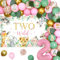 Lot de 2 décorations d'anniversaire sauvages pour fille, motif safari rose, 2 décorations de fête sauvages et arche de ballons roses vert sauge pour le thème de la jungle