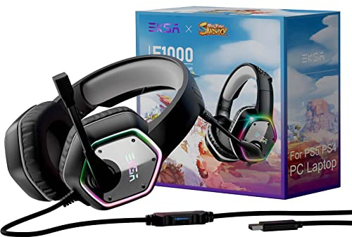 EKSA E1000 USB Gaming Headsets for PS4/PS5 Console Laptop(Grey-Sandrock) | Headsets with Microphone, Noise Cancelling Headphones, 7.1 Surround Sound Wired Headset & RGB Light, Gaming Headset for PC