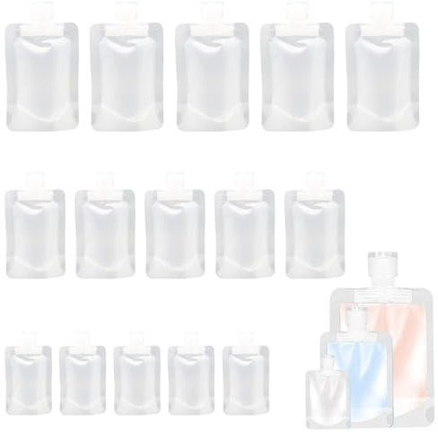 Quixotical 15 Stücke Reise Kosmetik Behälter, Nachfüllbare Leere Quetschbeutel, Reiseflaschen 30/50/100 ml, Transparente Clamshell Verpackungsbeutel, Frei BPA, für Reisen, Camps, Geschäftsreisen