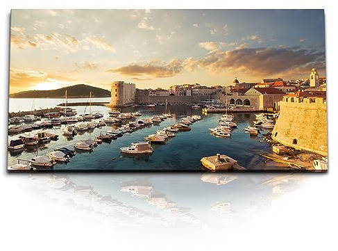 Paul Sinus Kunstdruck Bilder 120x60cm Hafen in Kroatien Mittelmeer Sonnenuntergang Festung