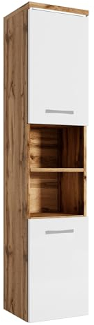 Badplaats B.V. Badezimmer Schrank Paso 160cm Eiche mit Hochglanz Weiß – Regal Schrank Hochschrank Schrank Möbel Badschrank