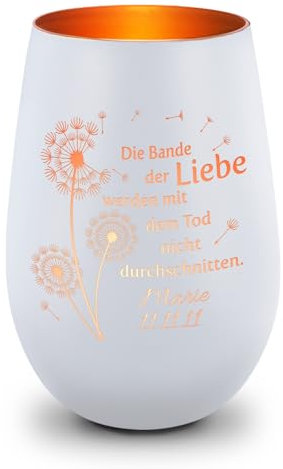 GRAVURZEILE Deko Windlicht aus Glas mit Gravur - Pusteblumen - Personalisiert mit Namen & Datum - Trauerlicht für Teelichter und Kerzen - Grabschmuck zur Beerdigung oder als Andenken - Weiß/Bronze