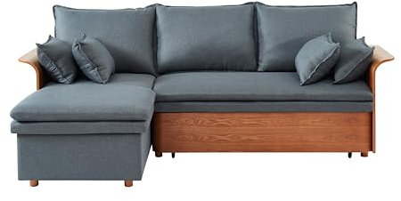BAÏTA Canapé d'angle Convertible Wood 4 Places, avec Angle réversible et Coffre de Rangement, en Tissu Gris