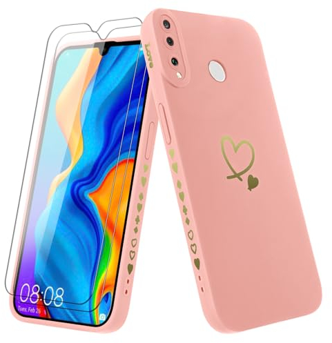 Vauki Coque pour Huawei P30 Lite/Nova 4e avec 2 Verre Trempé, Etui Fille avec Or Motif Coeur Souple TPU Silicone Antichoc Anti-Rayures Housse Compatible avec Huawei P30 Lite/Nova 4e, Rose