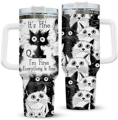 34HD Regalos de gatos para los amantes de los gatos, divertido vaso de gato con tapa de acero inoxidable, bonita taza de gato, vaso de gato con asa, regalos de gato para mujeres