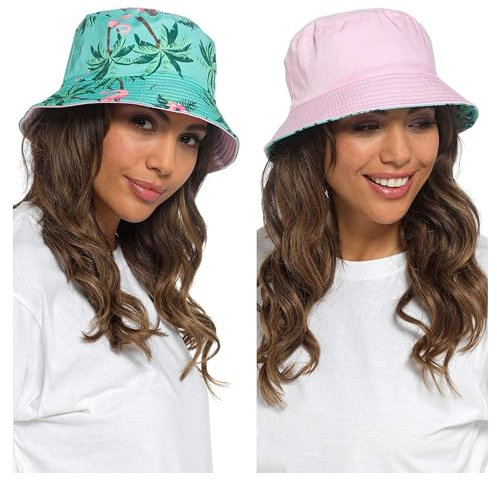 Thingimijigs Cappello alla pescatora reversibile da donna, cappello da sole estivo, vari disegni, Fenicottero/Rosa, S-M
