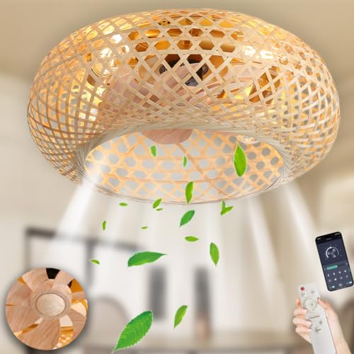 Lampe De Ventilateur Retro Bamboo Ceiling Light Ventilateurs De Plafond Avec Lumière Et Télécommande Réversible Silencieux Avec Lumière 6 Niveaux De Vitesse Du Vent Lumière Réglable Avec Ventilateur