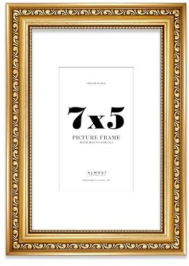 7x5 Gold Ornate Photo Frame With White Mat For 5x3 Picture, Ready to Hang or Stand, 1 Pack