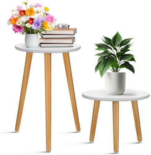 Briwooody Pflanzenständer für den Innenbereich, Vintage-Stil, moderner Blumentopfhalter, runder Beistelltisch, Beistelltisch, Pflanzenhocker für Wohnzimmer, Ecke, Balkon, Dekoration, Weiß, 2 Stück