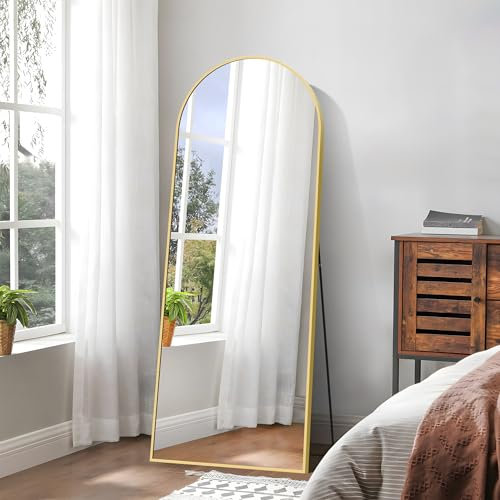 KOCUUY Bogen Standspiegel, 165 x 60 cm Großer Gewölbter Ganzkörperspiegel, Groß Wandspiegel mit Gold Aluminium Rahmen, Hängend, Stehend, Kippbar, für Wohnzimmer, Schlafzimmer und Flure