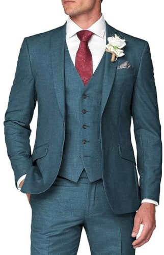 HUUTOE Men's 3 Piece Suits Slim Fit Wedding Suits for Men Prom Dress Suit Summer Blazer Jacket Vest Pants Tuxedo Set Men, Teal, XXL