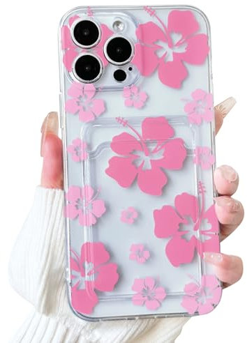 NITITOP Compatible with iPhone 14 Pro Max Case Clear with Card Holder Cute Pink Floral Pattern for Women Girl Flower Design Soft TPU Shock-absorbing Wallet Case Protective Phone Cover - Pink
