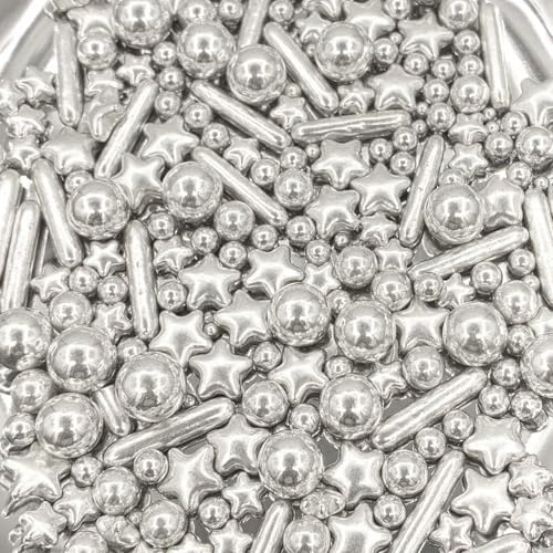 Lozadia 100g Edible Sprinkles Metalic Pearl Sprinkles Of Pearl Sugar Cake Sprinkles, Edible Cake Decorations, Sugar Balls for Cupcake Cakes Sprinkle On Birthday Wedding Party (Silver Star Mix)