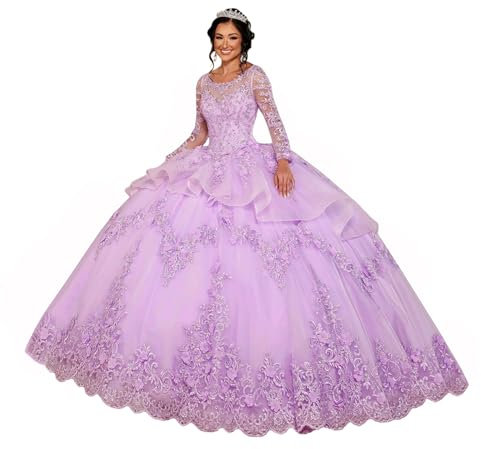 ZHengquan Vestido de quinceañera de flores Apllique, vestido de baile de manga larga de tul, vestido de princesa hinchado con cuentas, Lila, 34