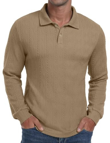 Sailwind Polo Shirts for Men Long Sleeve Tops Texture Knitted Polo Golf Work T Shirt with Buttons (Khaki, XL)