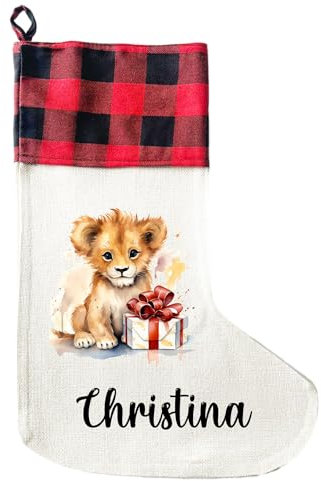 LIEBTASTISCH - Personalisierte Weihnachtssocken mit Tieren - 40cm x 30cm - Weihnachtsstrumpf zum Nikolaus oder Weihnachten - Namen - Geschenkbeutel - Nikolausstiefel zum Aufhängen (Löwe)