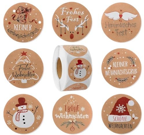 Aufkleber Weihnachten, Kraftpapier Rund Weihnachtsaufkleber im 8 Stil 500 Stück, Weihnachtssticker Selbstklebend, Weihnachtsaufkleber Selbstklebend für Geschenktüten Weihnachtsdeko