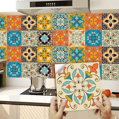 Piastrelle Adesive Cucina 20x20 Arancio Giallo Piastrelle Adesive Bagno Pavimento Adesivo Paraschizzi Cucina Adesivo Piastrelle Ceramica Carta Adesiva per Mobili Vintage(10 pezzi)