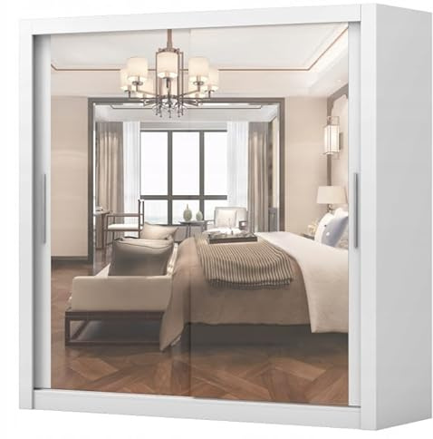 Easy4You MN Weiß Schiebetürenschrank Kleiderschrank 203x215x64 cm mit Spiegel - Schlafzimmermöbel, Aufbewahrung – Mehrzweckschrank mit 4 Kleiderstangen