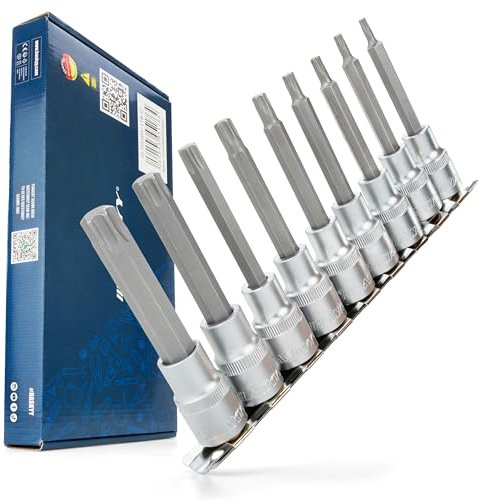 HASKYY Lot de 9 embouts Torx longs 100 mm T20-T60 1/2 (12,5 mm) Douille à douille carré intérieur