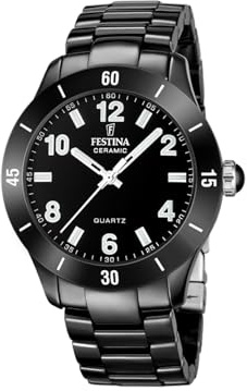 Festina Damenuhr Analog aus Edelstahl und Keramik Schwarz | Quarzwerk, Widerstandsfähiges Mineralglas, Wasserdicht 5 ATM F20723/1, Ceramic