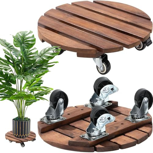Exquilnova 2 Stück Pflanzenroller Rund, 30cm Holz Blumenroller Rollbrett Pflanzen mit 360° Feststellbare Räder Schwerlastbereich Blumentopf Untersetzer mit Rollen Wetterfest (Dunkelbraun)