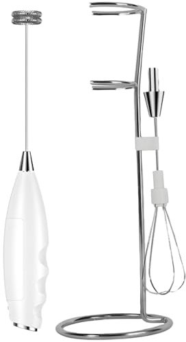 yeeplant Espumador de leche eléctrico a pilas, batidor de huevos multifuncional de doble cabezal para café y hornear, de mano con soporte, color negro