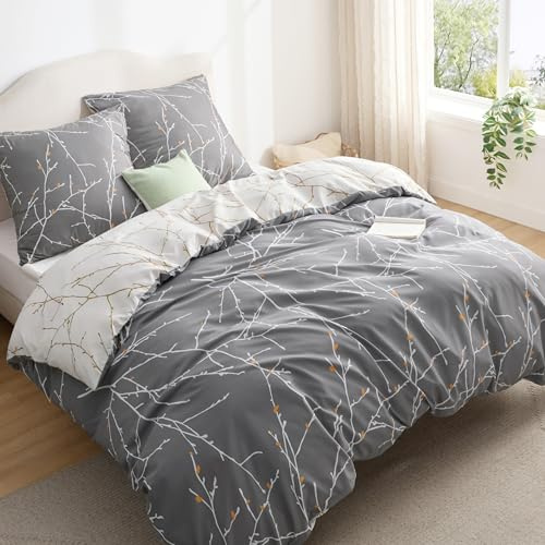 Bedsure Housse de Couette 220 x 240 cm - Brindille Grise, 2 Taie 65 x 65 cm | Parure de Lit Adulte avec 2 Taies d'Oreiller, Aspect Coton, Doux et Résistant, Idéal pour Lit Double, Certifié Oeko-TEX