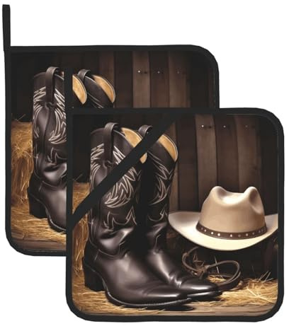 Topflappen-Sets, hitzebeständige Topflappen für Küche, Cowboy, schwarzer Hut, Westernstiefel, Topflappen mit Aufhängeschlaufen, waschbare Ofen-Pads, Frottee, Hot Pat für BBQ