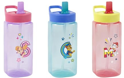 Paw Patrol Water Bottle, 3 Pack Pink Blue Red Colourway Pack 420ml BPA Free 6M+ Straw Sipper for Toddlers, Reusable Non-Spill School Nursery Bottle Set