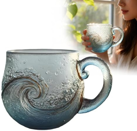 Wave Mug, 340 ml, mundgeblasene Ozeanwellen-Glas-Tasse, einzigartig strukturiert, Meer-inspiriert, für Tee, Kaffee, Cocktails, Strandliebhaber und als Geschenk
