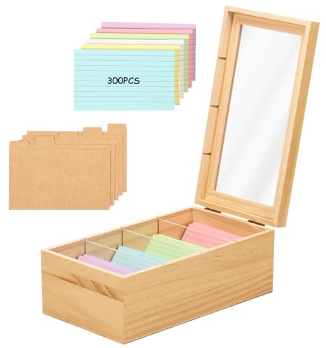 Karteikartenhalter Set aus Holz 7,6 x 12,7 cm, Rezeptbox Organizer Karteikarten Organizer verstellbare Trennwand ohne oder mit 300 Notizpapieren für Büro Geschäft Zuhause Küche Schulen(Stil 1)