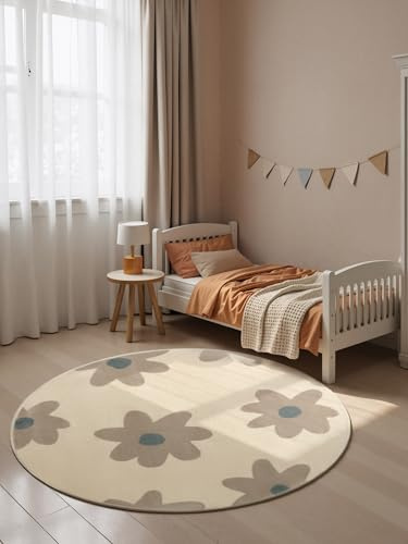 Hanse Home Adventures Kinderteppich Rund Bloomy - Kinderzimmerteppich Blumen, Flower Power, Retro, Spielteppich, Junge, Mädchen, Teppich Kinderzimmer, Wohnzimmer - Creme Multifarben, Ø160cm