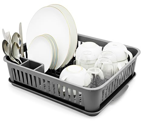 DIVCHI Dish Drainer & Drying Rack with Removable Drip Tray & Cutlery Holder Space Saving Plastic Dish Draining Organizer for Kitchen Counter, Detachable Water Tray with Spoon Holder (Grey)