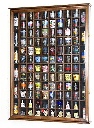 108 Shot Glass Shooter Display Case Holder Cabinet Wall Rack w/ UV Protection -Walnut