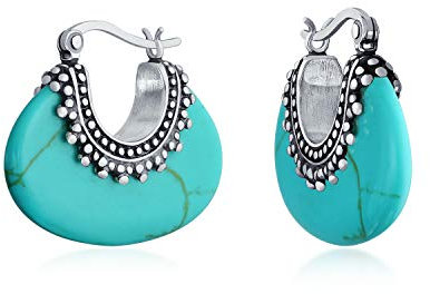 Orecchini a cerchio a mezzaluna ovale in stile tribale Boho Bali con turchese stabilizzato blu per donne in argento sterling 925 con perline di caviale milgrain ossidato.