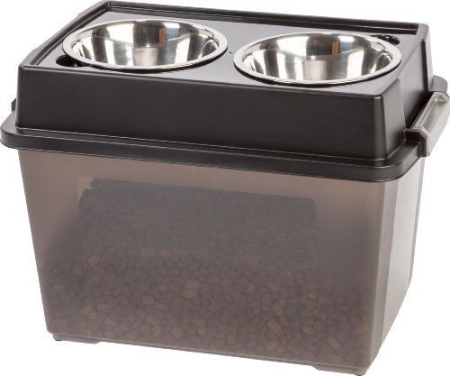 IRIS USA Elevated Dog Bowls, 15H Raised Bowl for Large Dogs, Airtight Pet Food Storage Holds Up To 47 Lbs, 2 Removable 64 oz Stainless Steel Bowls, At Home or Camping, Smoke/Black