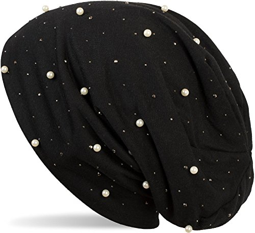 styleBREAKER Beanie Mütze mit Perlen und Strass Nieten, Slouch Longbeanie, Damen 04024140, Farbe:Schwarz