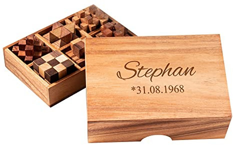Gadget Storm 6er Set Knobelspiele in edler Holzbox mit Gravur, Personalisiert mit Namen und Datum, 3D Holzpuzzle, Geschicklichkeitsspiele